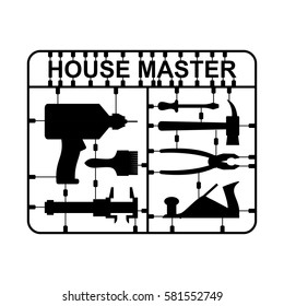 Tools Set. Plastic Model kit. Drill and hammer. Caliper and pliers. Screwdriver and brush. Planer and caliper