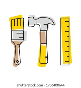 Tools set. Thin line art icons. Flat style illustrations isolated on white. Brush, hammer, tape measure. Vector illustration.