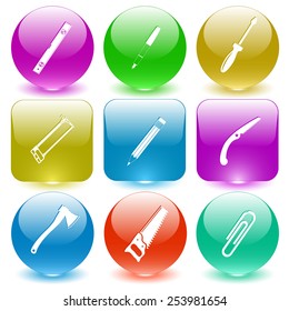 Tools set. Vector set glass buttons.