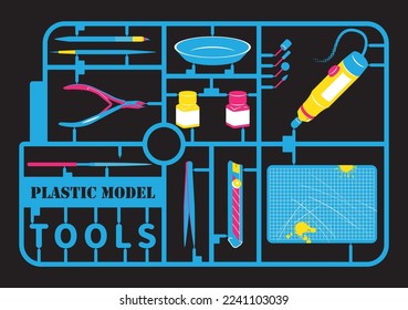 Tools set vector illustration. Plastic Model mold kit. Cutter, brush, paint, die grinder, cutting mat, utility knife, tweezers, grinding file.
