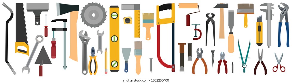 Tools Set. Vector. Isolated on white. Instruments of a carpenter, joiner, locksmith, handyman. Flat style. Rent, sale. Background	