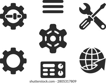 Tools and Settings Vector Icons Set Featuring Gear Options, Wrench, Database Screen, and Globe Network Symbol