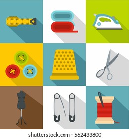 Tools for sewing dresses icons set. Flat illustration of 9 tools for sewing dresses vector icons for web
