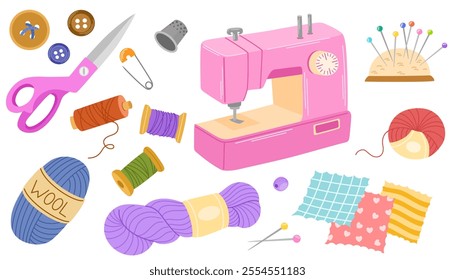 Tools for sewing and embroidery set.  Tailor's supplies, sewing equipment for handicrafts and textiles. Threads, sewing machines, scissors, pins, weaving wool, scissors. Vector illustration