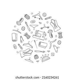 Tools for sewing and needlework. Doodle icon set tailoring, vector illustration thread needles mannequin sewing machine hangers buttons