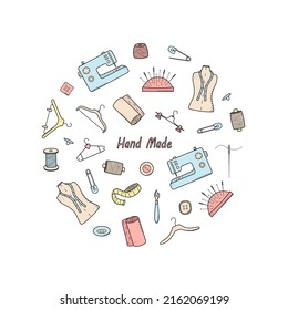 Herramientas de costura y de costura. Juego de iconos de garabatos, ilustración vectorial agujas de hilo de maniquí coser perchas botones