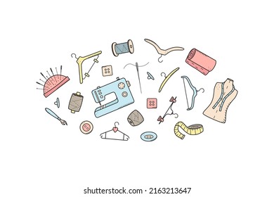 Herramientas de costura y de costura. Juego de iconos de garabatos, ilustración vectorial agujas de hilo de maniquí coser perchas botones