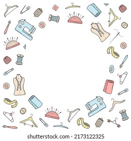 Tools for sewing and needlework. Doodle icon set tailoring, vector illustration thread needles mannequin sewing machine hangers buttons.