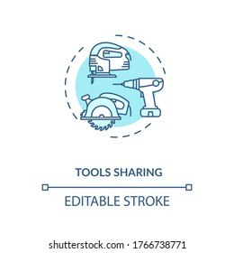 Tools, die das türkisfarbene Konzeptsymbol teilen. Vielfalt der Instrumente. Zusammenarbeit bei der Entwicklung der Projektidee in dünner Linie Illustration. Vektorgrafik einzeln Umriss RGB Farbzeichnung. Bearbeitbarer Hub