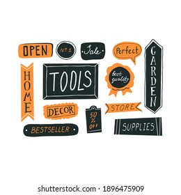 Tools shop. DIY store concept and hand drawn lettering. Vector illustration of shop departments, price and sale tags. Perfect for advertisement, banner or flyer