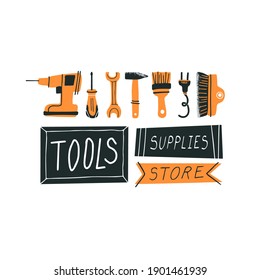 Werkstattshop. DIY Store Konzept und handgezeichnete Schrift. Vektorgrafik von Instrumenten für die Hausrenovierung und Dekoration in einem flachen Stil. Perfekt für Poster, Banner oder Flyer