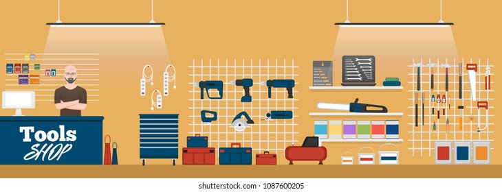 Tools shop interior banner with instruments. Vector illustration in flat style.