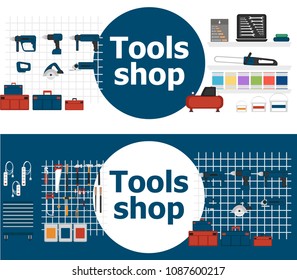 Tools shop interior banners with instruments. Vector illustration in flat style.