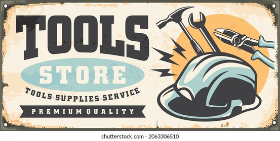 Tools shop vintage inscription sign with safety helmet, hammer, wrench and pliers. Retro sign for hardware store with various work tools and equipment. Vector ad illustration.