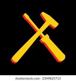 Tools signalisiert Illustration. 3D-extrudiertes gelbes Symbol mit roten Seiten auf schwarzem Hintergrund. Illustration.