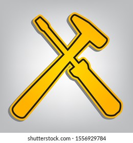 Tools sign illustration. Flat orange icon with overlapping linear black icon with gray shadow at whitish background. Illustration.