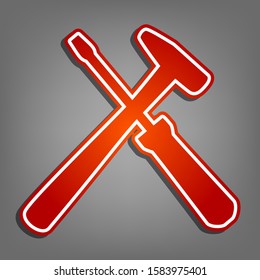 Tools sign illustration. Flat red icon with linear white icon with gray shadow at grayish background. Illustration.
