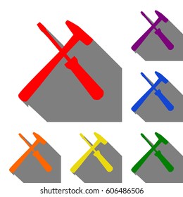 Tools sign illustration. Set of red, orange, yellow, green, blue and violet icons at white background with flat shadow.