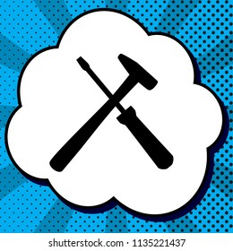 Tools sign illustration. Vector. Black icon in bubble on blue pop-art background with rays.