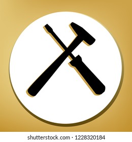 Tools sign illustration. Vector. Black icon with light brown shadow in white circle with shaped ring at golden background.