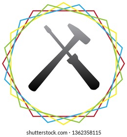 Tools sign illustration. Vector. Black icon with patch of light inside colorful hexagonal frames at white background.