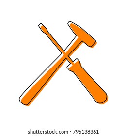 Tools sign illustration. Vector. Black line icon with shifted flat orange filled icon on white background. Isolated.