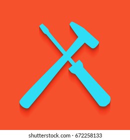 Tools sign illustration. Vector. Blue icon with soft shadow putted down on flamingo background.