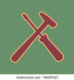 Tools sign illustration. Vector. Cordovan icon and mellow apricot halo with light khaki filled space at russian green background.