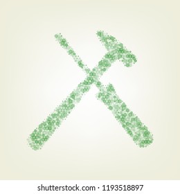 Tools sign illustration. Vector. Green hexagon rastered icon and noised opacity and size at light green background with central light.