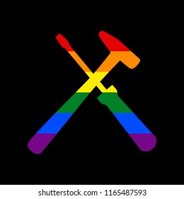Tools sign illustration. Vector. Icon with colors of LGBT flag at black background.