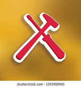 Tools sign illustration. Vector. Magenta icon with darker shadow, white sticker and black popart shadow on golden background.