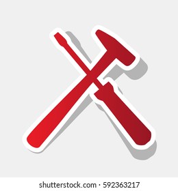 Tools sign illustration. Vector. New year reddish icon with outside stroke and gray shadow on light gray background.