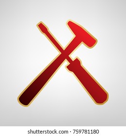 Tools sign illustration. Vector. Red icon on gold sticker at light gray background.