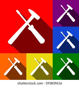 Tools sign illustration. Vector. Set of icons with flat shadows at red, orange, yellow, green, blue and violet background.