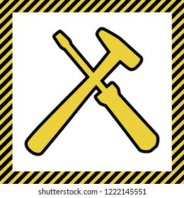 Tools sign illustration. Vector. Warm yellow icon with black contour in frame named as under construction at white background. Isolated.