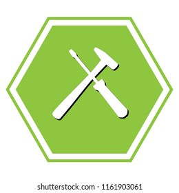 Tools sign illustration. Vector. White icon with black shadow at yellow green honeycomb on white background.