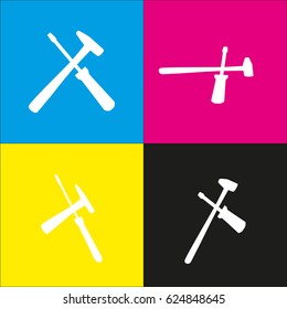 Tools sign illustration. Vector. White icon with isometric projections on cyan, magenta, yellow and black backgrounds.