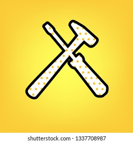 Tools sign illustration. Vector. Yellow polka dot white icon with black contour at warm yellow background.