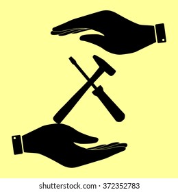 Tools sign. Save or protect symbol by hands.