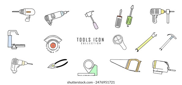  Tools silhouette collection. Carpenter tools with contour line and colorful detail. Symbols, icons, logo ideas. 