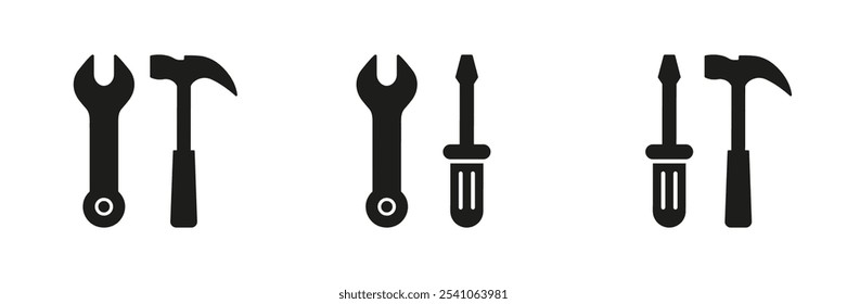 Ferramentas Silhueta Conjunto de Ícones Incluindo Chave inglesa, Martelo e Chave de Fenda para Manutenção e Reparo. Kit de Ferramentas para Coleção de Símbolos de Glifo de Tarefas de Manutenção. Ilustração de vetor isolada.