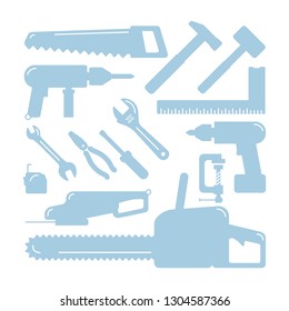 Tools silhouettes. Home Wizard Toolkit, vector DIY blue icons on white. Wrench and hammer, drill and screwdriver, tape measure and saw