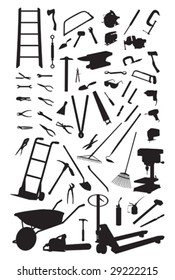 Herramientas siluetas aisladas en blanco. Ilustración vectorial.