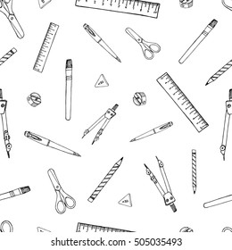 Tools for sketching: Hand Drawn Pattern with Crafted Sketch Icons for Print on Fabric. Handmade Doodles for Printing Design. Hand-drawing elements. Vector Illustration with drawing Sketch-art objects.