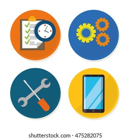 tools smartphone gears checklist customer service technical service call center icon set. Colorful and flat design. Vector illustration
