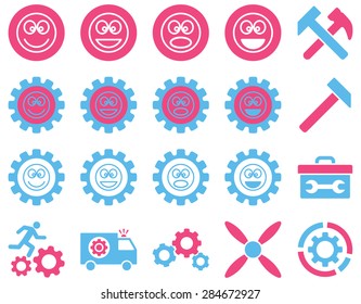 Tools and Smile Gears Icons. Vector set style: bicolor flat images, pink and blue colors, isolated on a white background.