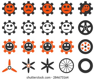 Tools and Smile Gears Icons. Vector set style: bicolor flat images, orange and gray colors, isolated on a white background.