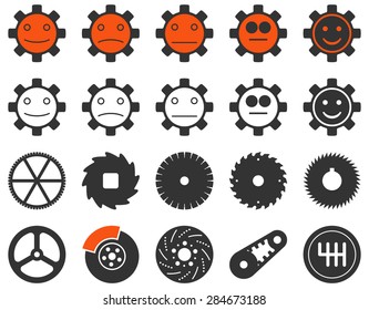 Tools and Smile Gears Icons. Vector set style: bicolor flat images, orange and gray colors, isolated on a white background.