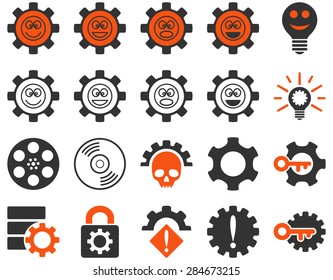 Tools and Smile Gears Icons. Vector set style: bicolor flat images, orange and gray colors, isolated on a white background.