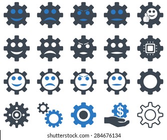 Tools and Smile Gears Icons. Vector set style: bicolor flat images, smooth blue colors, isolated on a white background.
